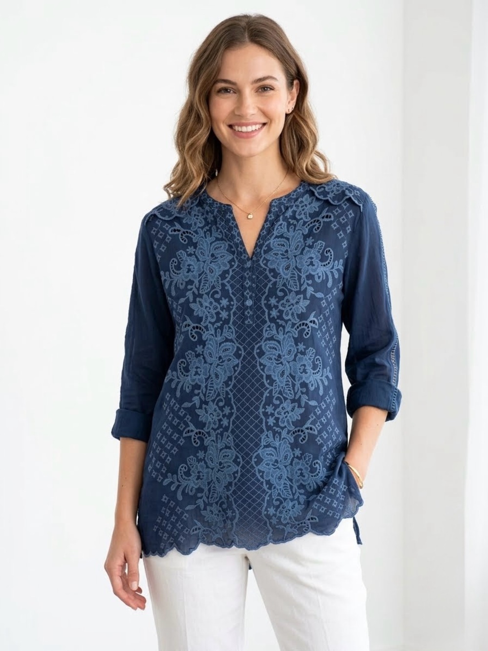 Johnny Was Chantal Shirt Floral Embroidered Boho Tunic Top, Navy Blue, Size M